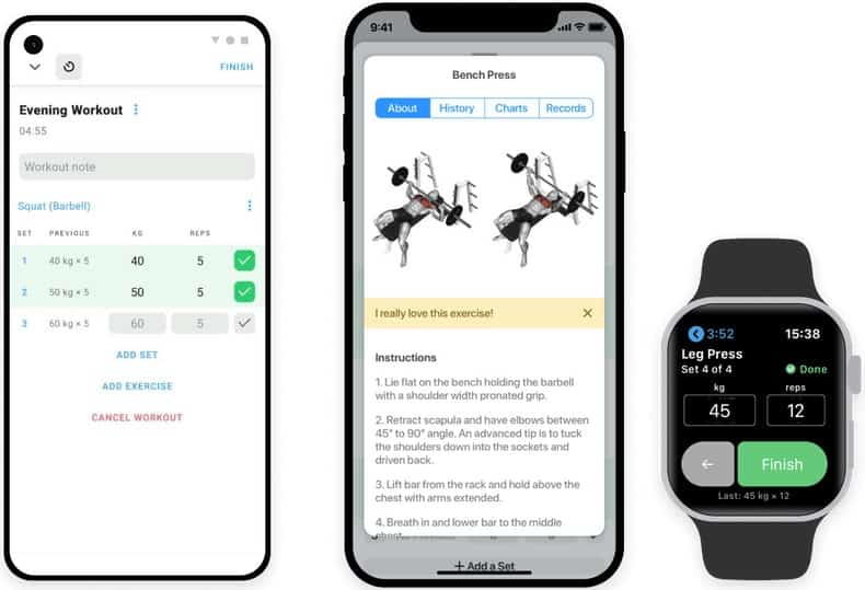 Three devices show a workout log from Strong, exercise guide, and timer.