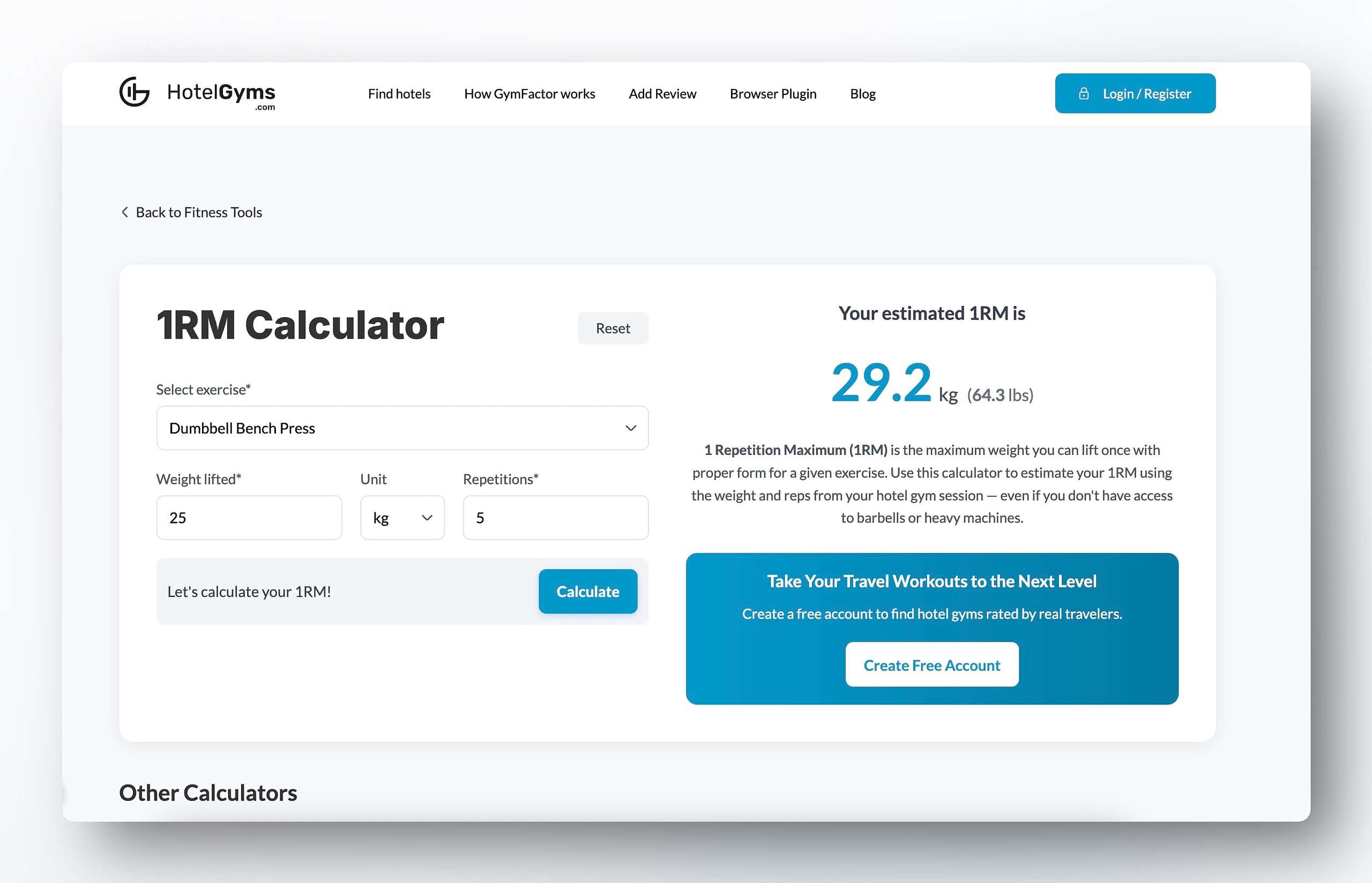 1RM calculator page from HotelGyms.com with fields for exercise type, weight, reps, and results, helping travelers track fitness on the go.