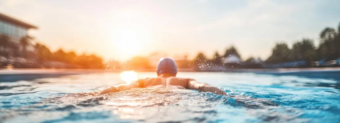 Traveler maintains fitness with a breaststroke in a hotel’s outdoor pool at sunset, wearing a blue cap as water splashes around.