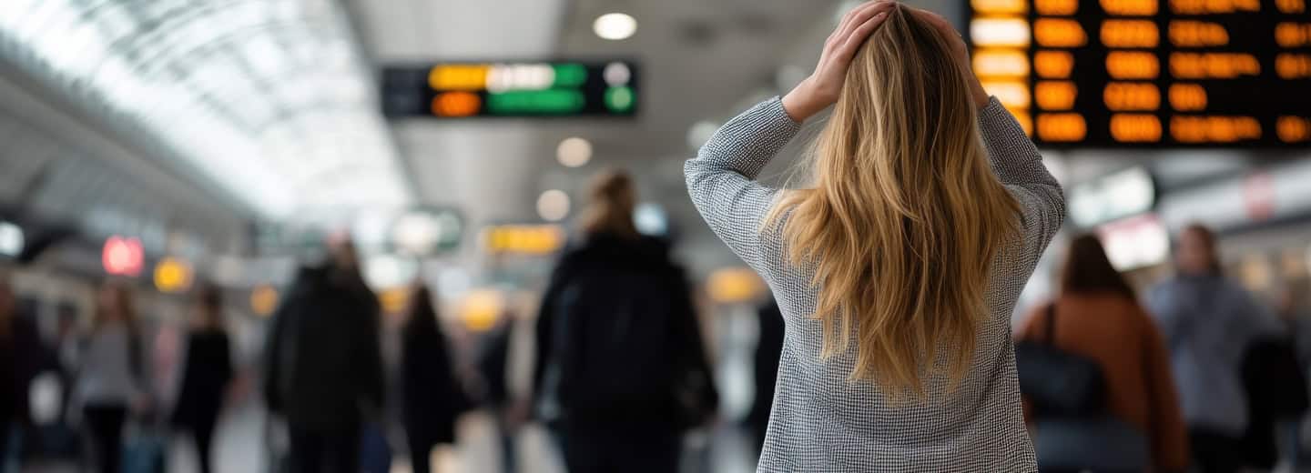 A stressed woman stands in a busy airport, holding her head by a departures board, planning her next active trip.