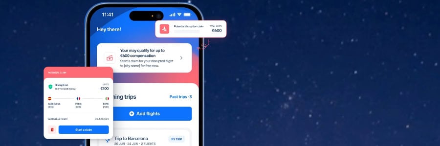 A smartphone screen displaying the AirHelp app with trip info, flight status, and help for compensation for delayed flights.