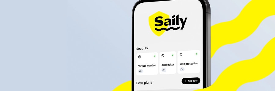 A smartphone screen shows the eSIM app "Saily", helping travelers stay fit and secure with HotelGyms.com.