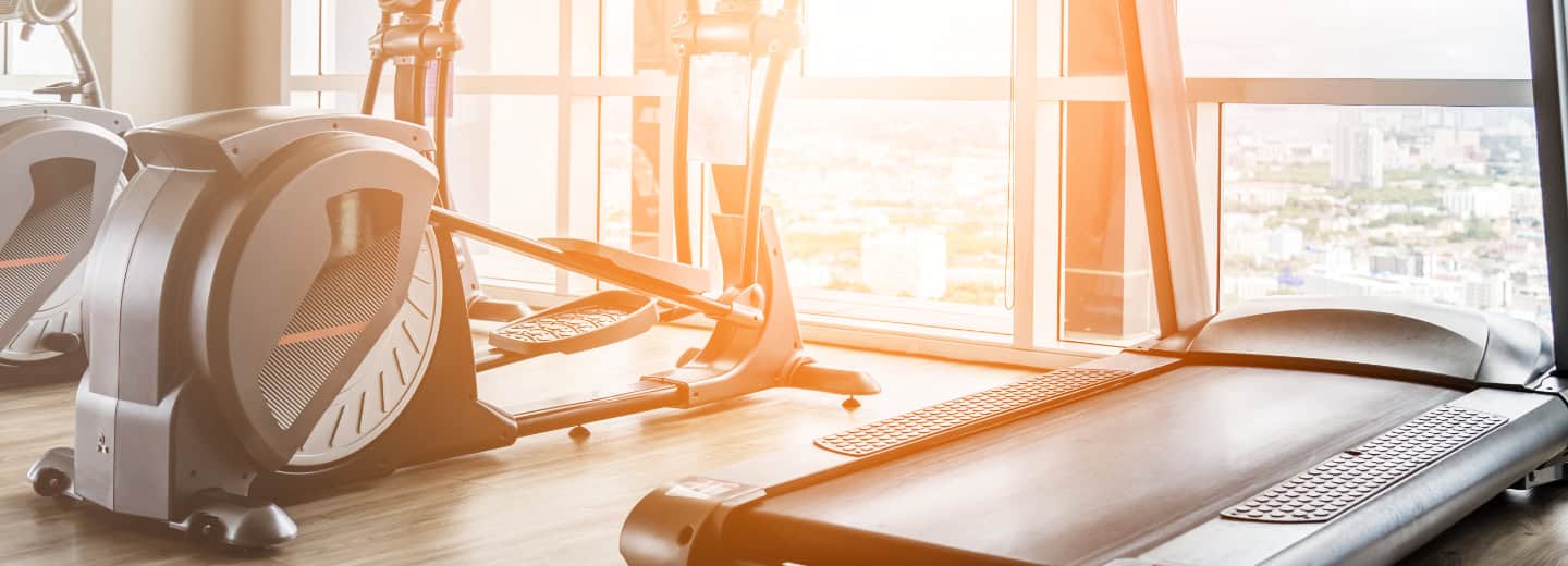 Bright gym with treadmills and ellipticals by large windows, perfect for travelers to stay fit while enjoying a city view.
