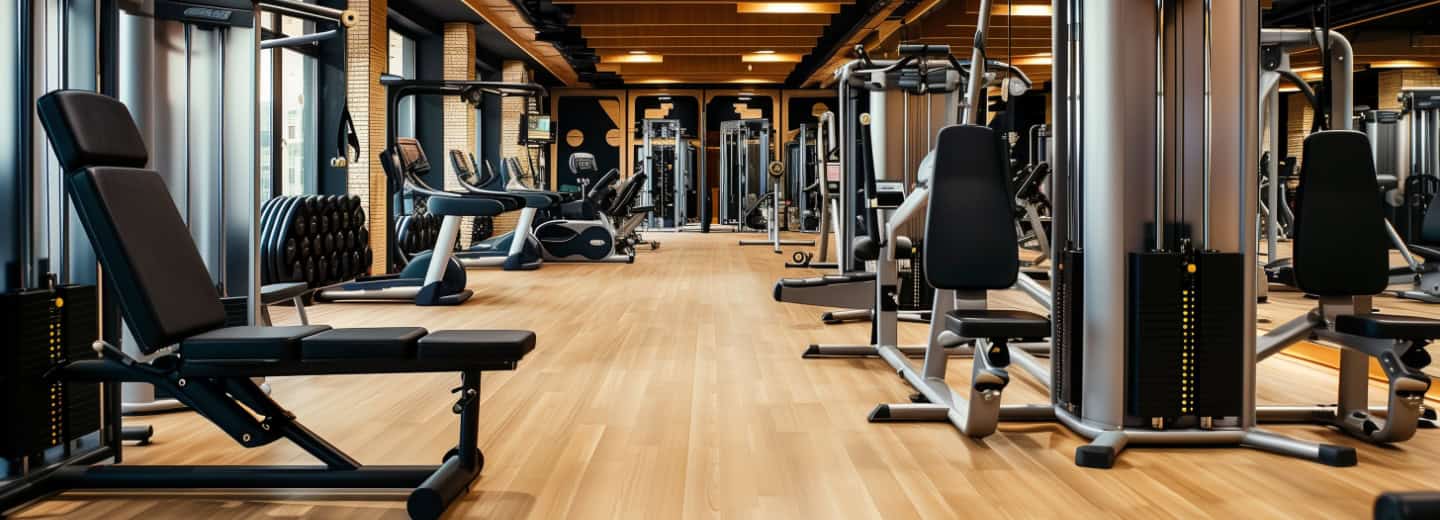 Modern hotel gym with machines, weights, and wooden floors, well-lit by large windows—ideal for staying fit while traveling.