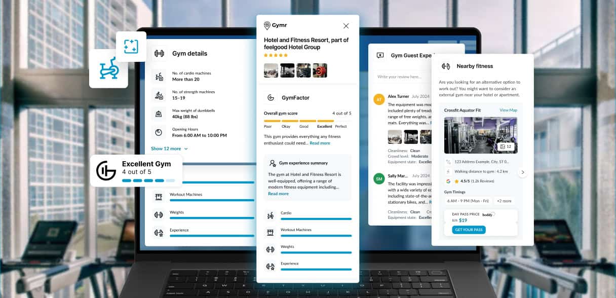 Assorted gym review app screens appear over a blurred gym with machines and large windows, helping travelers stay fit on trips.