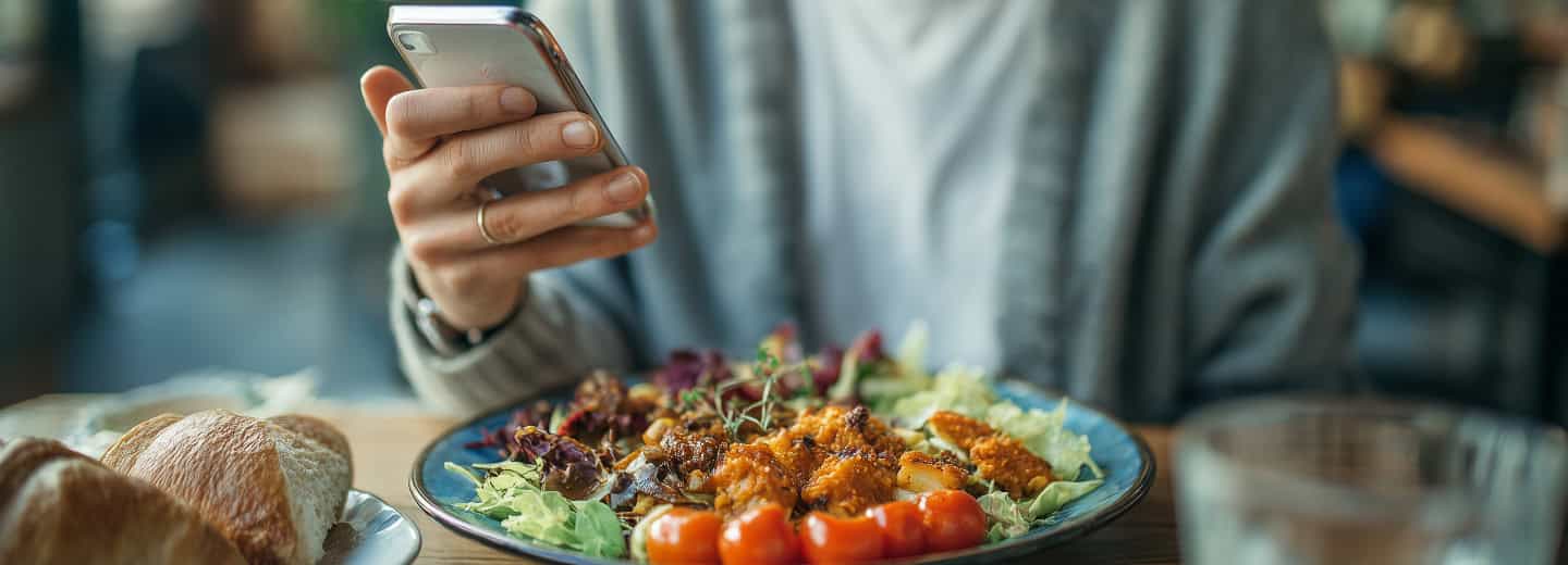 Traveler checks fitness options on a smartphone at a table with healthy salad and bread, making smart choices while away.