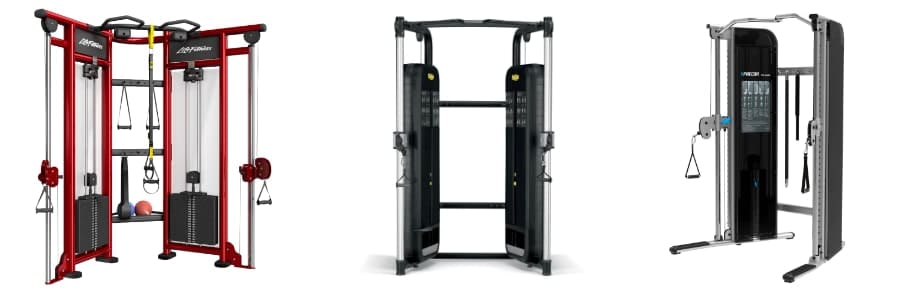 Three types of cable crossover gym machines shown side by side, perfect for travelers seeking a workout.