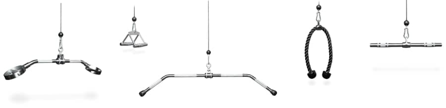 Five essential gym cable machine attachments, ideal for staying fit while traveling, displayed on wires against a white background.