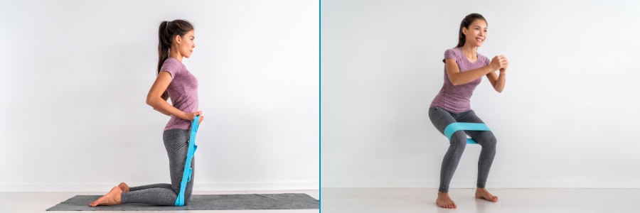 Woman working out with a resistance band in a hotel room, kneeling on the left and squatting on the right, staying fit while traveling.